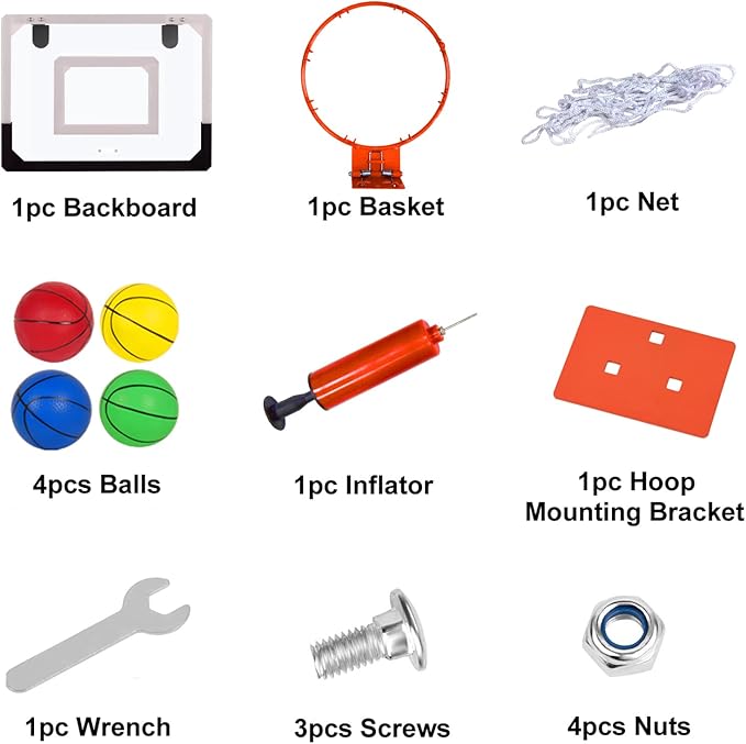 NI-ROU Indoor Mini Basketball Hoop and 4pcs Balls for Door Classroom Board Hoop Game Set for Kids Wall Mount with Complete Accessories Basketball Toy Gifts for Boys Teens