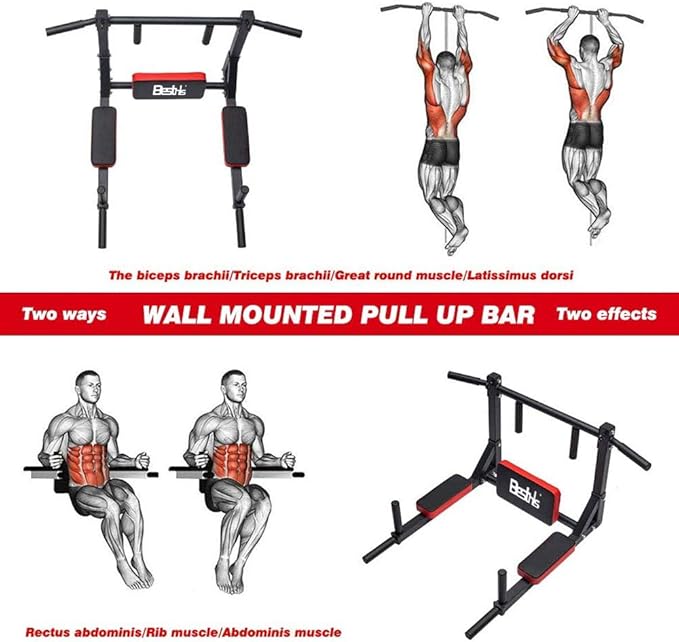 BESTHLS Wall Mounted Pull Up Bar and Dip Station, Heavy Duty Wall Mount Pull-up Chin Up Bar Multifunctional Home Gym Workout Indoor Exercise Equipment Support to 440 Lbs