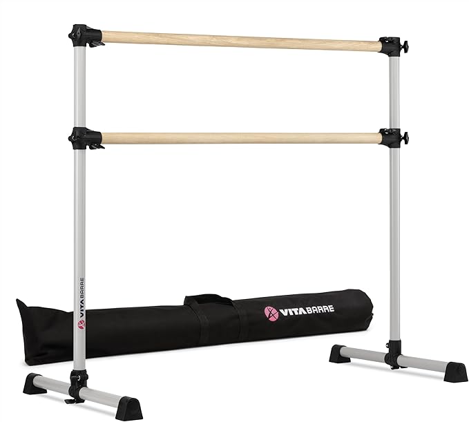 VITA Barre Portable Freestanding Double Ballet Barre, Prodigy, 4 Ft Bars, Satin Silver, with Bag | Adjustable Height, USA Made, Home or Gym Exercise Equipment for All Ages | Dance, Fitness, Pilates