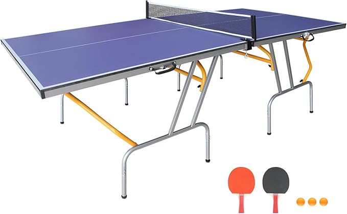 Compact Ping Pong Table, 8ft Mid-Size Indoor/Outdoor Table Tennis Game Set, Foldable, Portable Table Tennis Table with Net, 2 Table Tennis Paddles and 3 Balls
