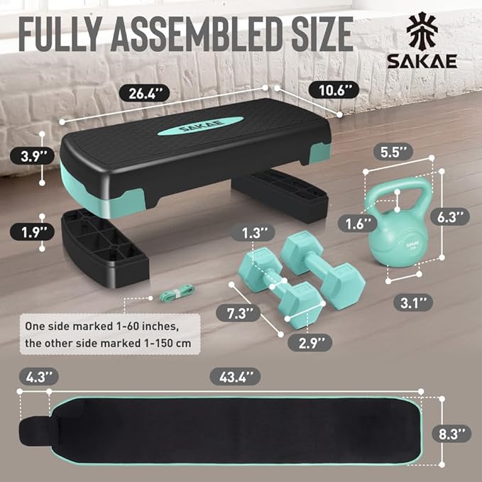 Adjustable Height Aerobic Stepper Set, Multiple Bundle Options with Dumbbells, Kettlebell, Waist Trimmer, Ankle Weights or Weighted Vest, Workout Exercise Step Platform w/Level Risers, 4 Colors