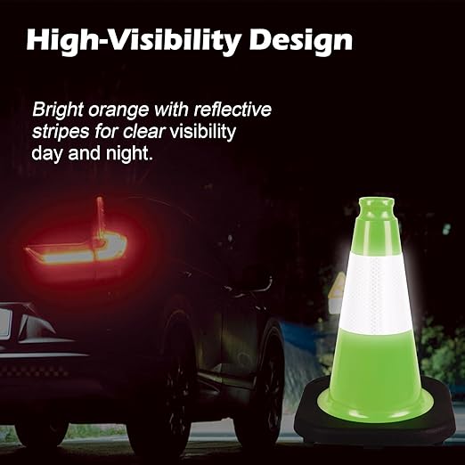 8 Pack 12” Green Traffic Safety Cones – Black Base Cones with 4” Reflective Collars – Stable PVC Road Cones for Parking, Construction, and Public Safety Use(12 inch-8Pack)
