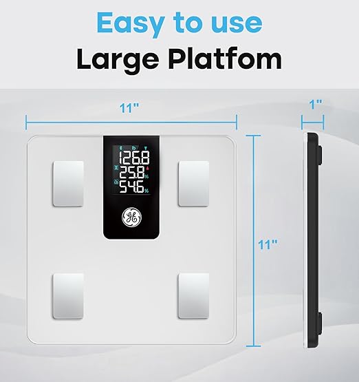 GE Smart Scale for Body Weight BMI Fat Muscle Mass with All-in-one LCD Display, Digital Bathroom Weight Scale Bluetooth Body Composition Monitor with App, Accurate Weighing 400lb White