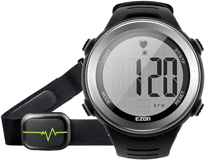 EZON Heart Rate Monitor Chest Strap, Exercise Heart Monitor, Sports Watch with HRM, Waterproof/Stopwatch/Hourly Chime, Steel Silver, T007A11