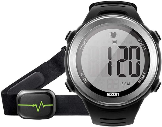 EZON Heart Rate Monitor Chest Strap, Exercise Heart Monitor, Sports Watch with HRM, Waterproof/Stopwatch/Hourly Chime, Steel Silver, T007A11