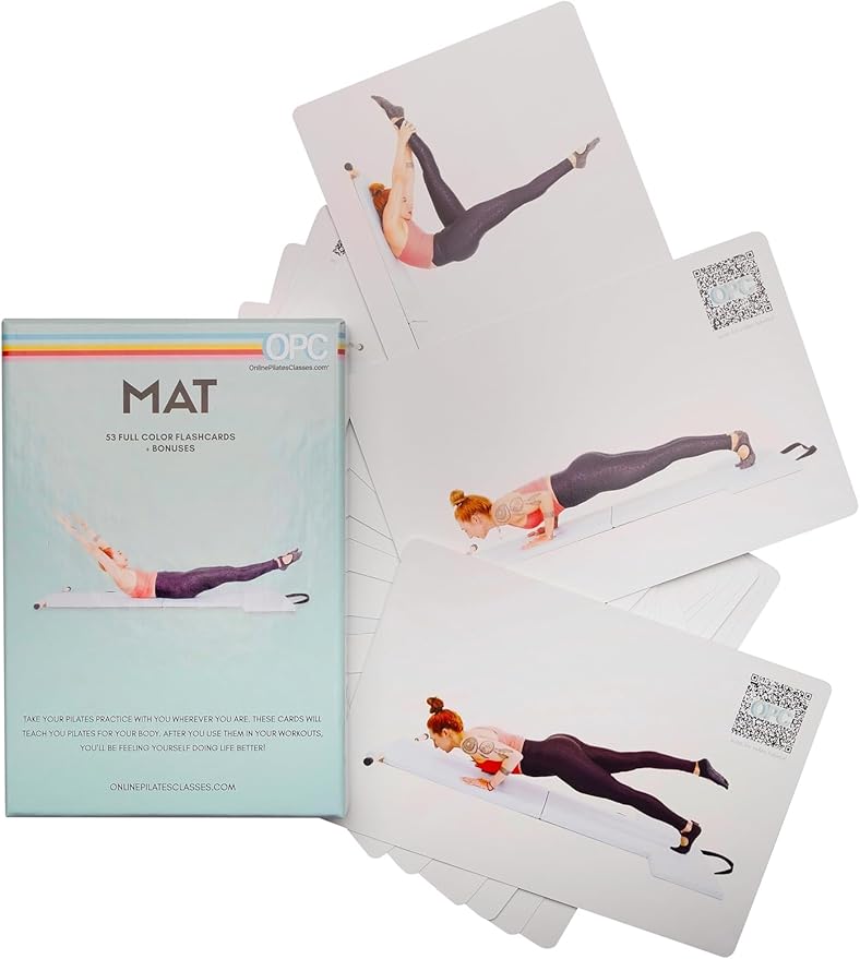 OnlinePilatesClasses Mat Pilates Workout Planner with Video Tutorials, 59 All-Level Exercise Flash Cards Ideal for Yoga, Abs, Core Workouts and Fitness Enthusiasts, No Equipment Needed