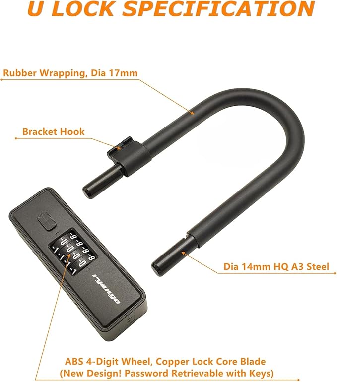 Bike U Lock, Heavy Duty Anti Theft U Lock with 6ft Steel Cable, 4-Digit Combination Type Bicycle U Lock with Mounting Bracket for Bike, Motorcycle, Scooter, Door, Fence