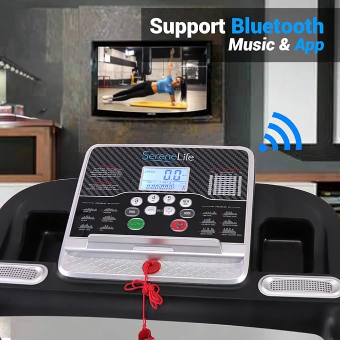 SereneLife Electric Folding Treadmill Exercise Machine - Smart Compact Digital Fitness Treadmill Workout Trainer w/Bluetooth App Sync, Manual Incline Adjustment, for Walking, Running, Gym