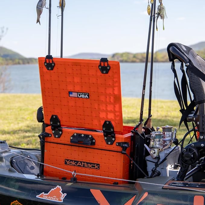 YakAttack BlackPak Pro 13" x 16" Kayak Fishing Crate with 4 Rod Holders - Orange | Tackle Storage Box & Gear Organizer for Kayaks | Lightweight, Durable & Customizable Marine Accessory | Made in USA