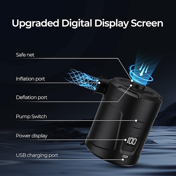 5200mAh Electric Air Pump for Inflatables, Air Mattress Pump Portable with LED Display Screen & 4 Nozzles, Inflator/Deflator Pumps for Pool, Paddle Boats, Camping, Swimming Ring