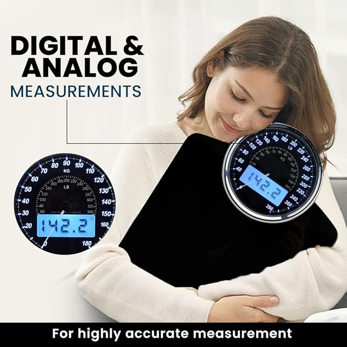 EILISON Highly Advance 2-in-1 Digital & Analog Weighing Scale for Body Weight-400lbs, 4 High Precison GX Sensor Accurate, Thick Tempered Glass, Extra Large Display (Black)
