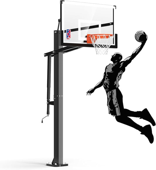 IGL In-Ground Basketball Hoops with 54-60 Inch Tempered Glass Backboard,7.5-10ft Height Adjustable Basketball Goal System, Reinforced and Thickened Square Tube Iron Steel