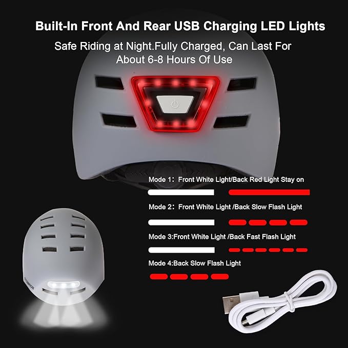 Bike Helmets for Adults - Front and Rear LED Lights Adjustable Bicycle Helmet for Adults Men Women Scooter Helmet for Commuting, Road Biking, Skating, Scooter