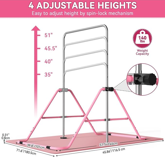 FBSPORT Gymnastics Bar for Kids, Adjustable Height Gymnastic Horizontal Bars,Junior Training Bar Children Folding Training Monkey Bars for Home Using