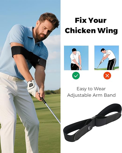 Adjustable Golf Swing Trainer Arm Band – Keep Arms Connected, Fix Chicken Wing – Muscle Memory & Swing Path Control – Comfortable, One Size Fits Most