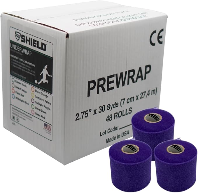 Shield Athletic Underwrap | Bulk Case of 48 Rolls of PreWrap, Hair Tie, Headband, USA Made, Pre-Wrap Athletic Tape, 2.75" X 30 SYards, Foam Barrier, Flexible, Breathable (Purple)