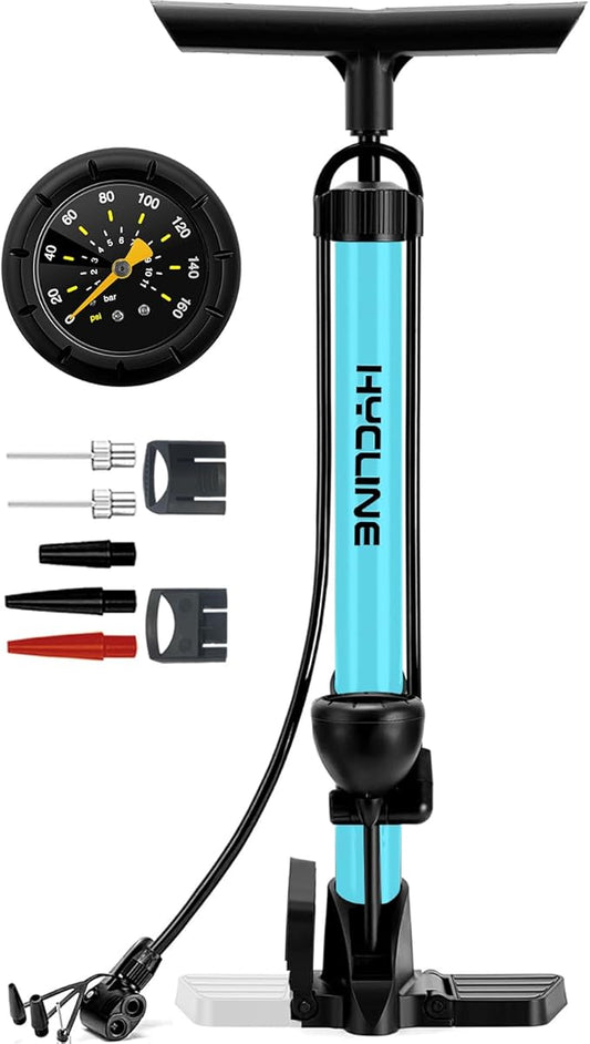 Hycline Bike Floor Pump with Gauge: 160 PSI High Pressure Bicycle Pumps - Durable Air Pump Fits Presta & Schrader Valve - Inflator for Road MTB Tire, Ball, Balloon, Inflatables
