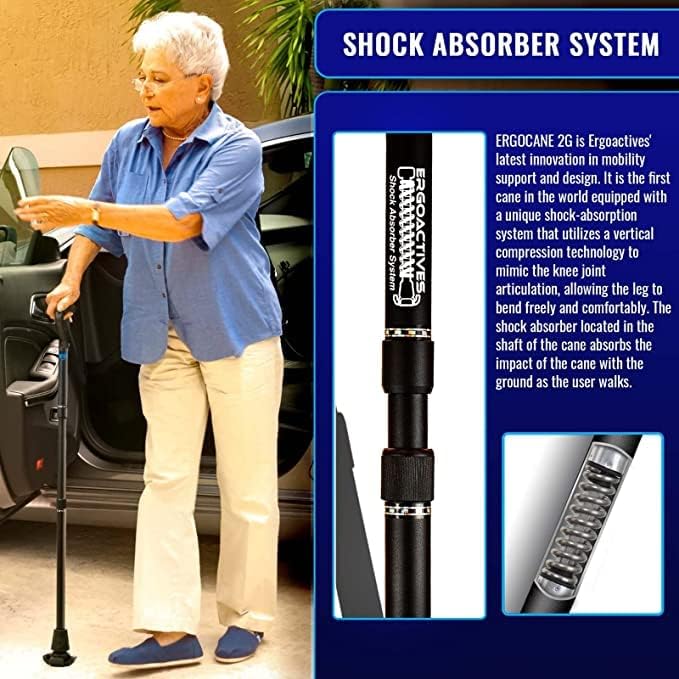 Ergocane 2G by Ergoactives As Seen On TV. Spring-Assisted Shock Absorber Fully-Adjustable Ergonomic Cane, Newly Released, Equipped with Stand Alone High Performance Rubber Tip (Matte Black Design)