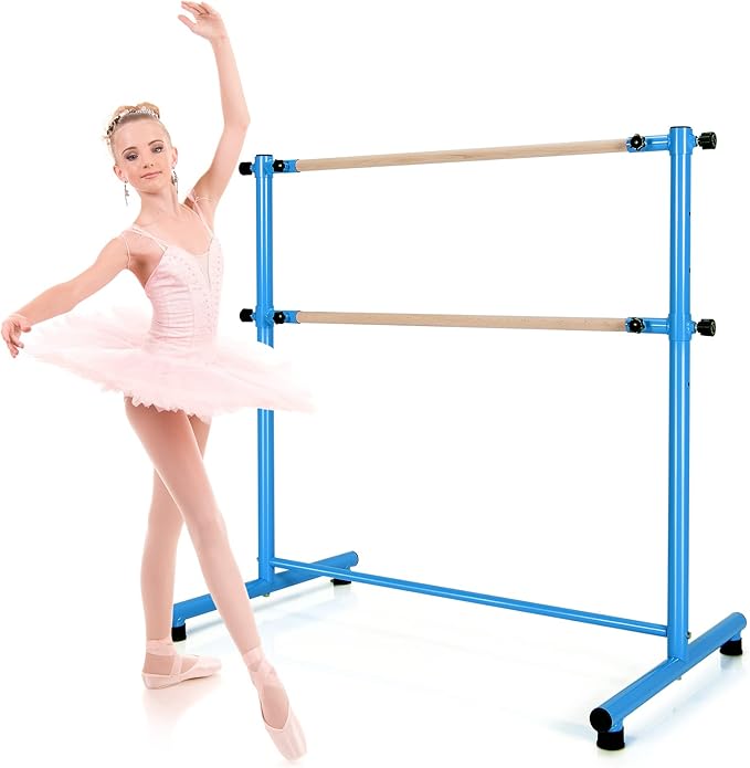 GOFLAME Double Ballet Barre Portable, 47” Freestanding Dancing Barre with 5 Adjustable Heights, Beech Wood Ballet Bar, Fitness Stretching Dancing Bar for Home, Gym, Dancing Room