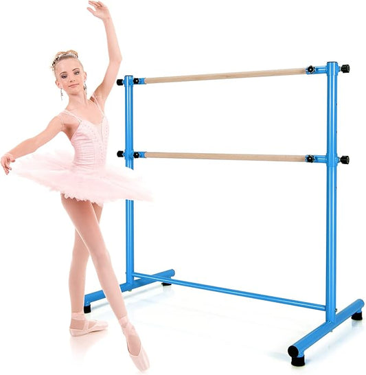 GOFLAME Double Ballet Barre Portable, 47” Freestanding Dancing Barre with 5 Adjustable Heights, Beech Wood Ballet Bar, Fitness Stretching Dancing Bar for Home, Gym, Dancing Room