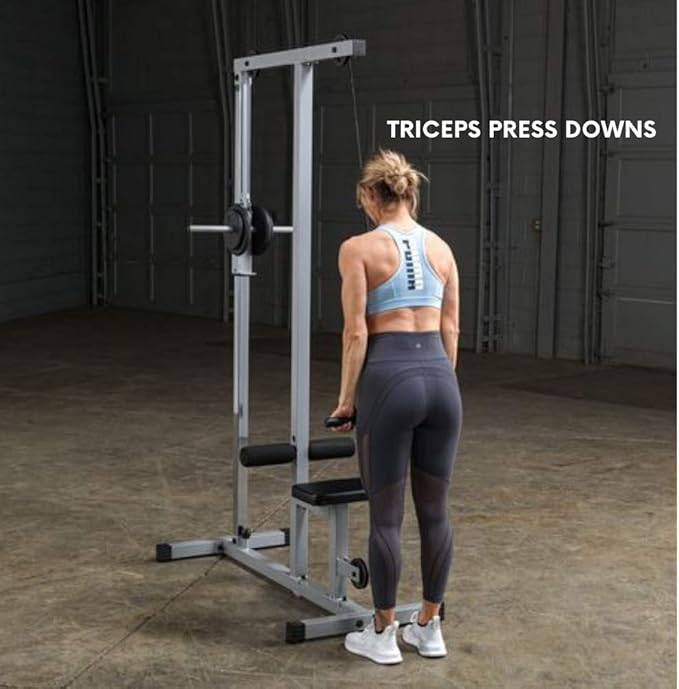 Powerline by Body-Solid LAT Pull Down Machine - Home Gym with High & Low Pulleys, Heavy Gauge Steel Construction, Includes LAT and Low Row Bars, Silver/Black