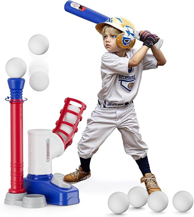 Tball Set for Toddlers 3-5, Tee Ball Set with Step on Pitching Machine/Adjustable Batting Tee/Retractable Baseball Bat/8 Pop Up Balls, Outdoor Sport Toy Games for Kids Boys