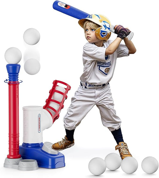Tball Set for Toddlers 3-5, Tee Ball Set with Step on Pitching Machine/Adjustable Batting Tee/Retractable Baseball Bat/8 Pop Up Balls, Outdoor Sport Toy Games for Kids Boys