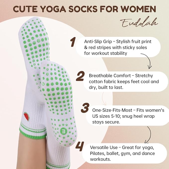 EUDOLAH Cute Yoga Socks for Women Pilates Barre Breathable Non-Slip Crew Grip Sock With Stripes Anti-friction Athletic Socks