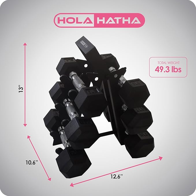 HolaHatha Hexagonal Dumbbell Free Hand Weight Set w/Rack