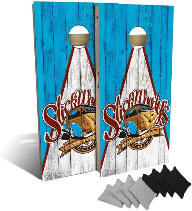 Slick Woody's Professional-Grade Cornhole Boards - 4'x2' Solid Wood Regulation Woodgrain Flag Bean Bag Toss Game with 8 Resin Filled Bags