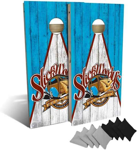 Slick Woody's Professional-Grade Cornhole Boards - 4'x2' Solid Wood Regulation Woodgrain Flag Bean Bag Toss Game with 8 Resin Filled Bags
