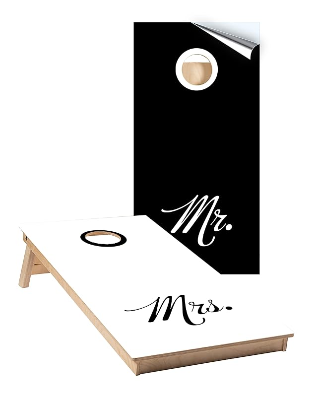 Cornhole Board Wraps #101 - Mr. and Mrs. Black and White Wedding Cornhole Wraps - Cornhole Graphic Decals - Includes Application Squeegee - Set of (2) 25" x 49" Wraps with Gloss Laminate