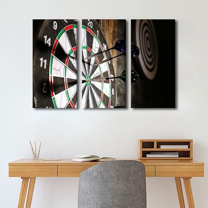 Wall Art Dart Hits the Bullseye Pictures for Living Room Inspirational Wall Art Prints on Canvas Leisure Sport Painting Modern Artwork 3 Panel Wall Decor for Bedroom Office Ready to Hang, 28"Wx42"H