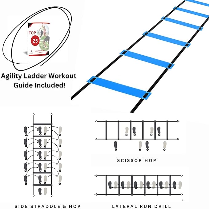 DELUXE EDITION Agility Ladder Training Set - 13 Rung 21ft Agility Ladder w/13 Disc Cones, Carry Bag - Improve Speed & Strength Soccer, Football, Basketball w/4 Steel Pegs for Outdoor Workout Charts