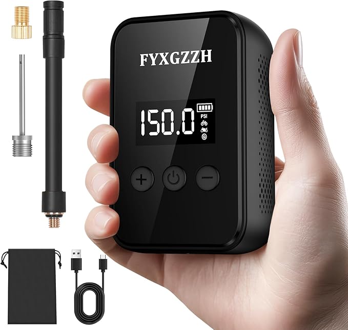 Mini Electric Bike Pump - Fast Inflate Bike Tire Pump with Gauge, 150PSI Air Pump with Presta and Schrader Valve for Road Bike, Mountain Bike, E-Bike, Motorcycle