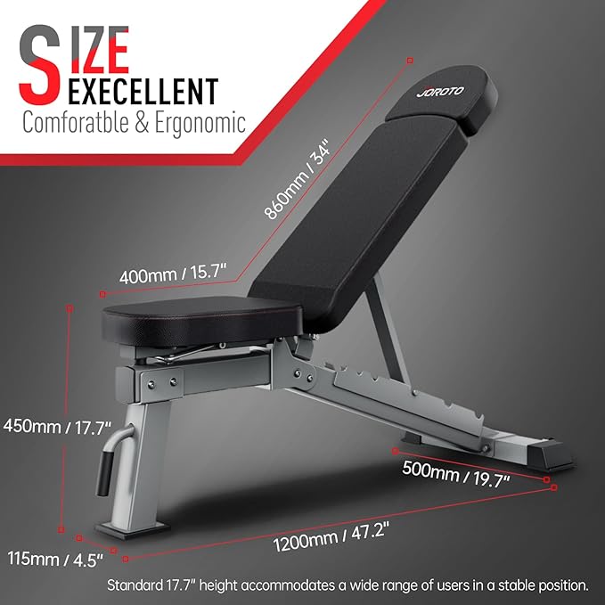 JOROTO MD80 Adjustable Weight Bench, 1000LB Heavy Duty Workout Bench Press for Home Gym, Commercial Grade Flat Incline Decline Strength Training Utility Bench with Wheels and Extended Backrest