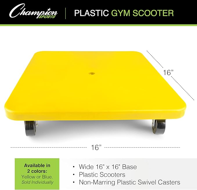 Champion Sports Scooter Board – Choice of Handles or No Handles, Durable Plastic Scooters for Youth Gym & PE Class, Indoor & Outdoor Play, Non-Marring Wheels, Multiple Sizes & Colors