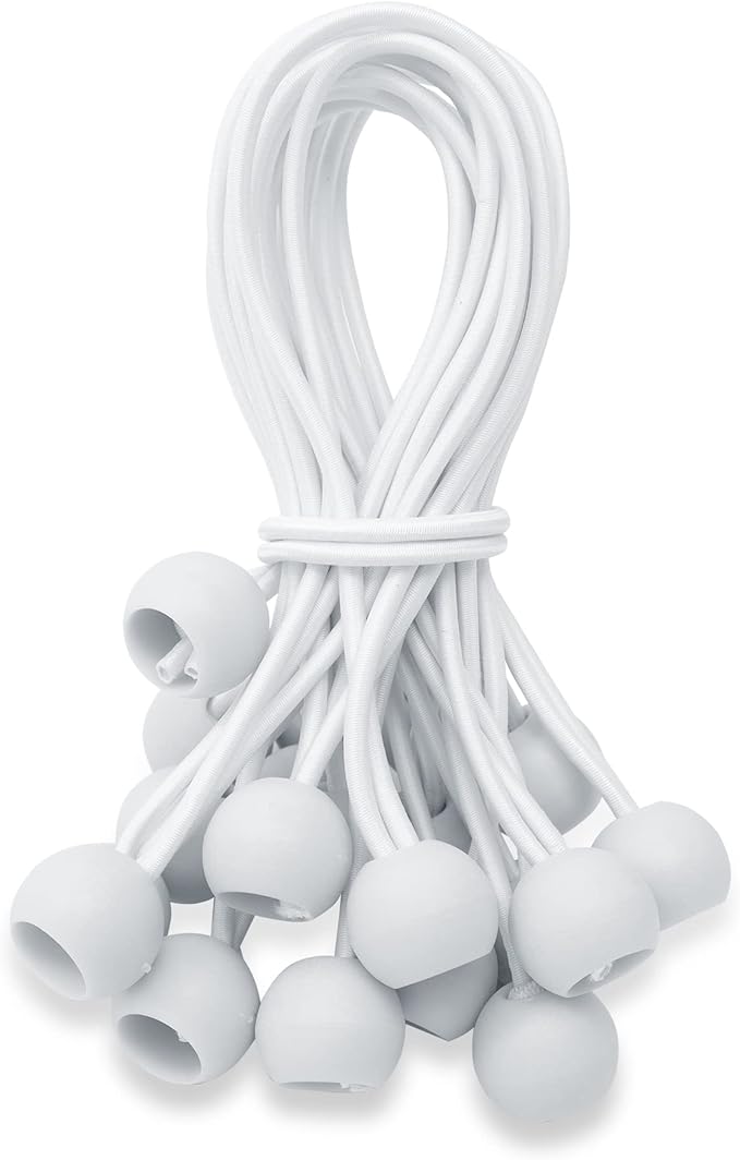6 Inch Ball Bungee Cords, Heavy Duty UV Resistant Elastic Strap, Reusable Tie Down Cord with Balls, Indoor Outdoor Cords for Golf Net, Soccer Goals, Camping, Tent Poles, Hose (White, 20 Pack)