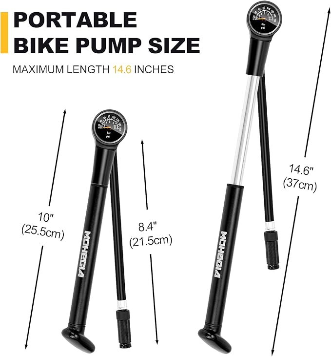 MOHEGIA Bike Frame Pump with Gauge: Protable Bicycle Pump 160 PSI - Fits Schrader & Presta Valve - Compact Mini & Durable Fast Inflation with Ball Pump Needles