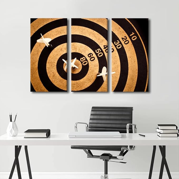 TUMOVO Dart Board Canvas Wall Art Sports Theme Paintings Black and White Wall Art 3 Panel Dart Hits the Bullseye Pictures Artwork for Home Club Walls Stretched and Framed Ready to Hang(24" Wx36 H)