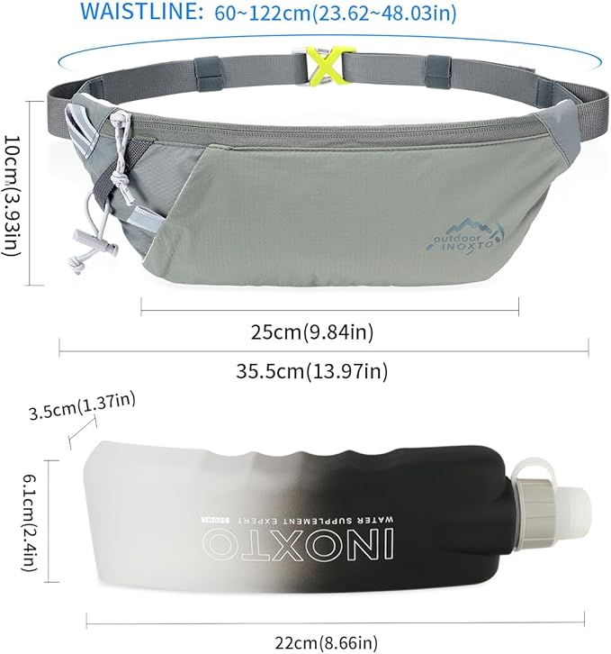 INOXTO Slim Running Belt Fanny Pack for Women and Men Sports Waist Bag Pack with 300ml Water Bottle for Running Walking Cycling Hiking Reflective Running Pouch Belt for All Phones (Gary)
