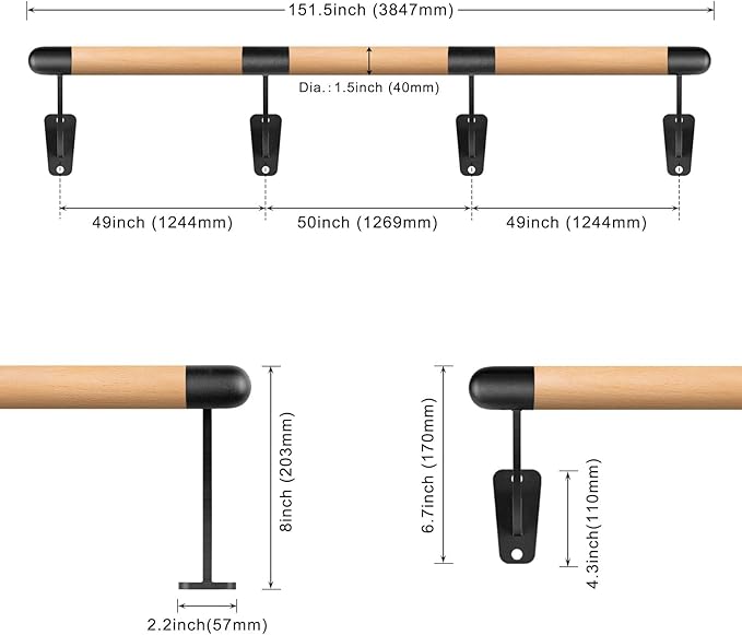 SELEWARE 4-12 ft Long Wood Ballet Barre Wall Mount Barre System for Home or Studio Barre Movements Body Stretch 1.5 inch Dia