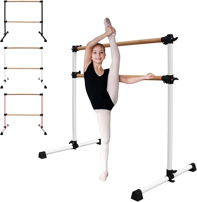 4FT/6FT Freestanding Ballet Barre Wood/Steel Height Adjustable from 7 to 46 inch Ballet Bar Portable Double Dance Bar for Home Workout and Stretch