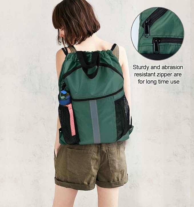 BeeGreen Drawstring Backpack Bag with Shoe Compartment, X-Large Black Gym Sports String Cinch Backpack