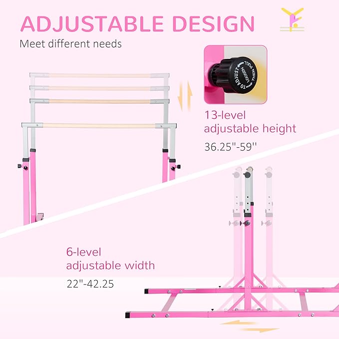 Qaba Double Horizontal Bars, Junior Uneven Bars Gymnastics for Home with 13-Level 36"-59" Adjustable Heights, 6-Level Adjustable Width - Pink
