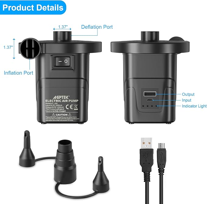 AGPTEK Rechargeable Air Pump, Electric Air Pump 4000mAh Battery Quick-Fill Inflator & Deflator with 3 Nozzles, Lightweight & Portable Perfect for Air Beds, Air Mattresses, Pool Toys & Inflatable