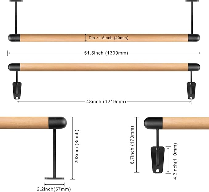 SELEWARE 4-12 ft Long Wood Ballet Barre Wall Mount Barre System for Home or Studio Barre Movements Body Stretch 1.5 inch Dia