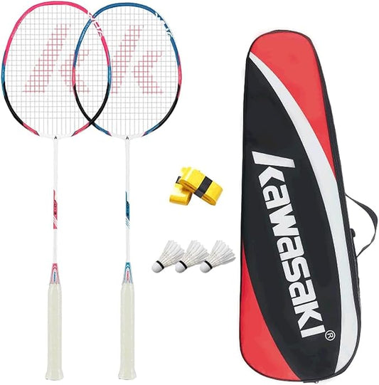 Kawasaki Badminton Rackets, Professional Graphite Shaft Badminton Set of 2 for Backyard, with 2 Lightweight Carbon Badminton Racquets/3 Badminton Shuttlecocks/2 Racquet Overgrips/1 Carry Bag