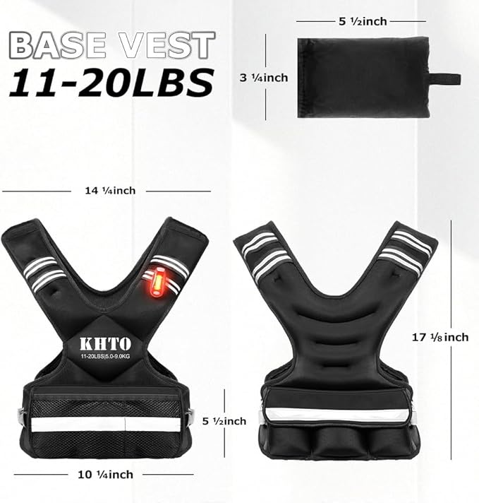 KHTO Adjustable Weighted Vest for Men and Women with Warning Light Reflective Strip，Large Weight Vest for Exercise Set Cardio and Strength Training (4-10lb/11-20lb/20-32lb)