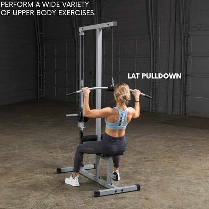 Powerline by Body-Solid LAT Pull Down Machine - Home Gym with High & Low Pulleys, Heavy Gauge Steel Construction, Includes LAT and Low Row Bars, Silver/Black